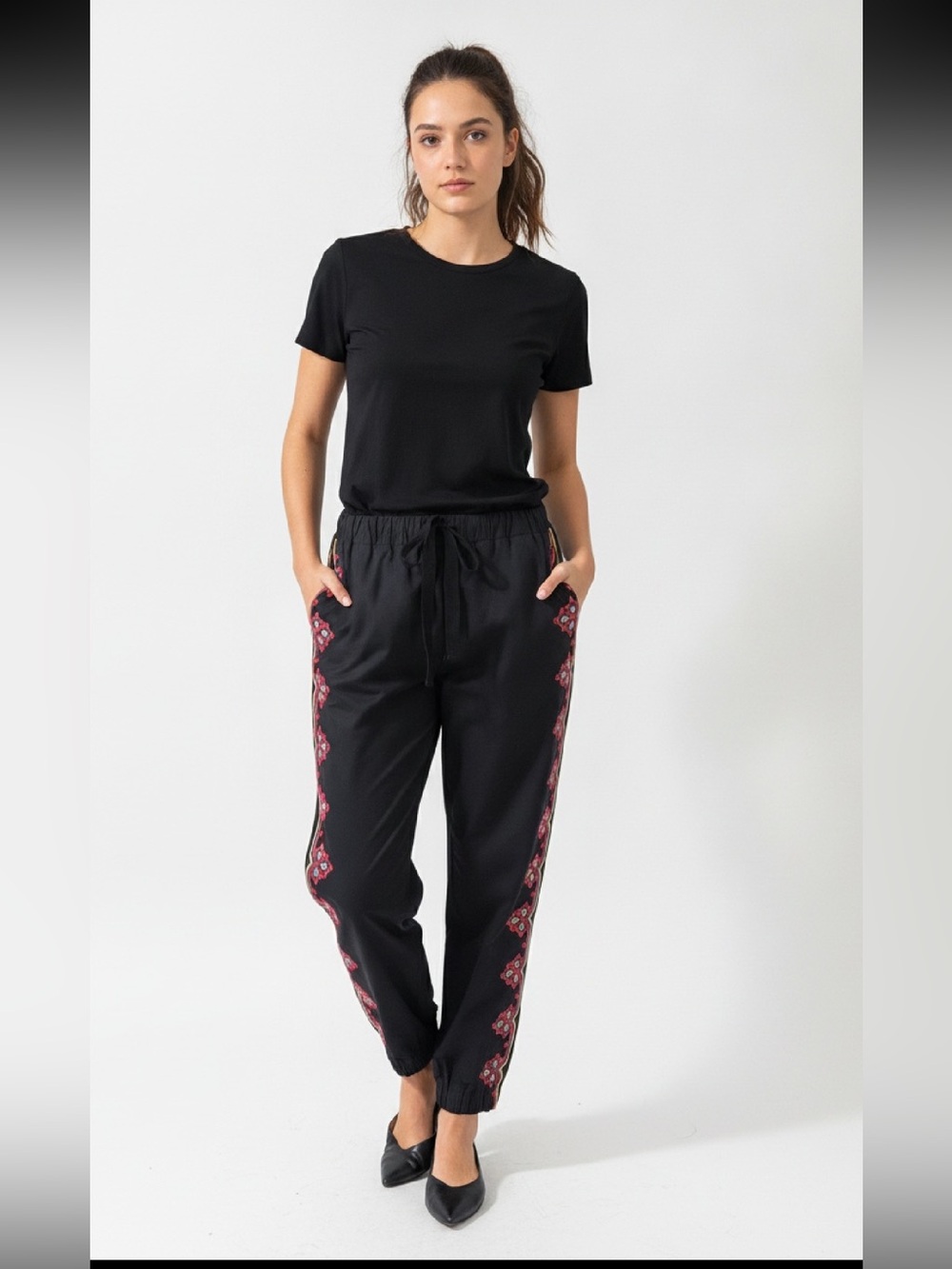 Stella/McCartney Black Embroidered Side-Stripe Ankle Pants
